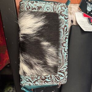Turquoise and Black Cowhide Zip Wallet